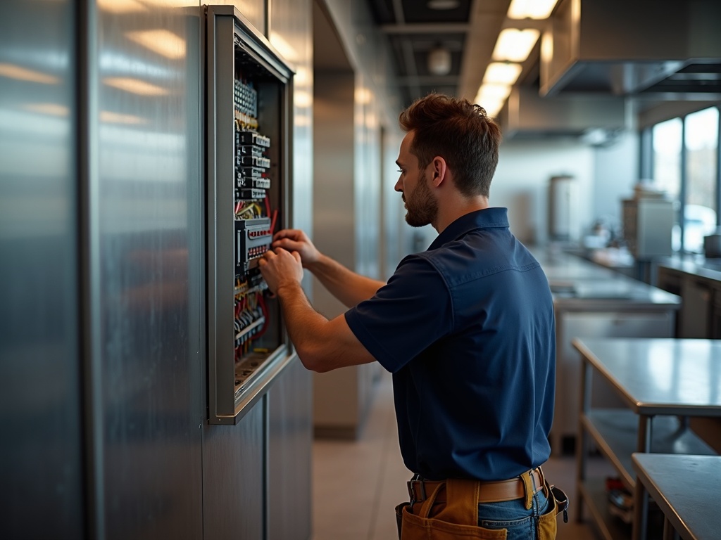 Restaurant Electrical: Why Uptime Is Non-Negotiable and What Protects It A licensed electrician installing a dedicated commercial circuit breaker panel for coffee shop electrical wiring in a professional restaurant kitchen setting.