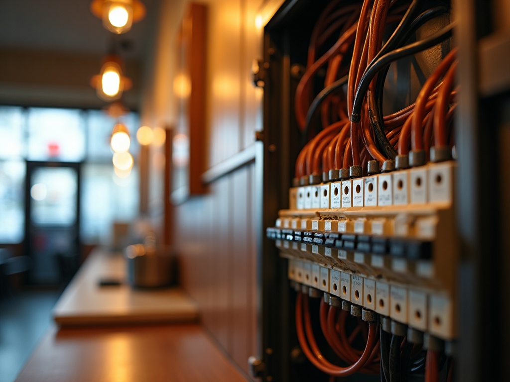 Restaurant Electrical: Why Uptime Is Non-Negotiable and What Protects It A licensed electrician installing a dedicated commercial circuit breaker panel for coffee shop electrical wiring in a professional restaurant kitchen setting.