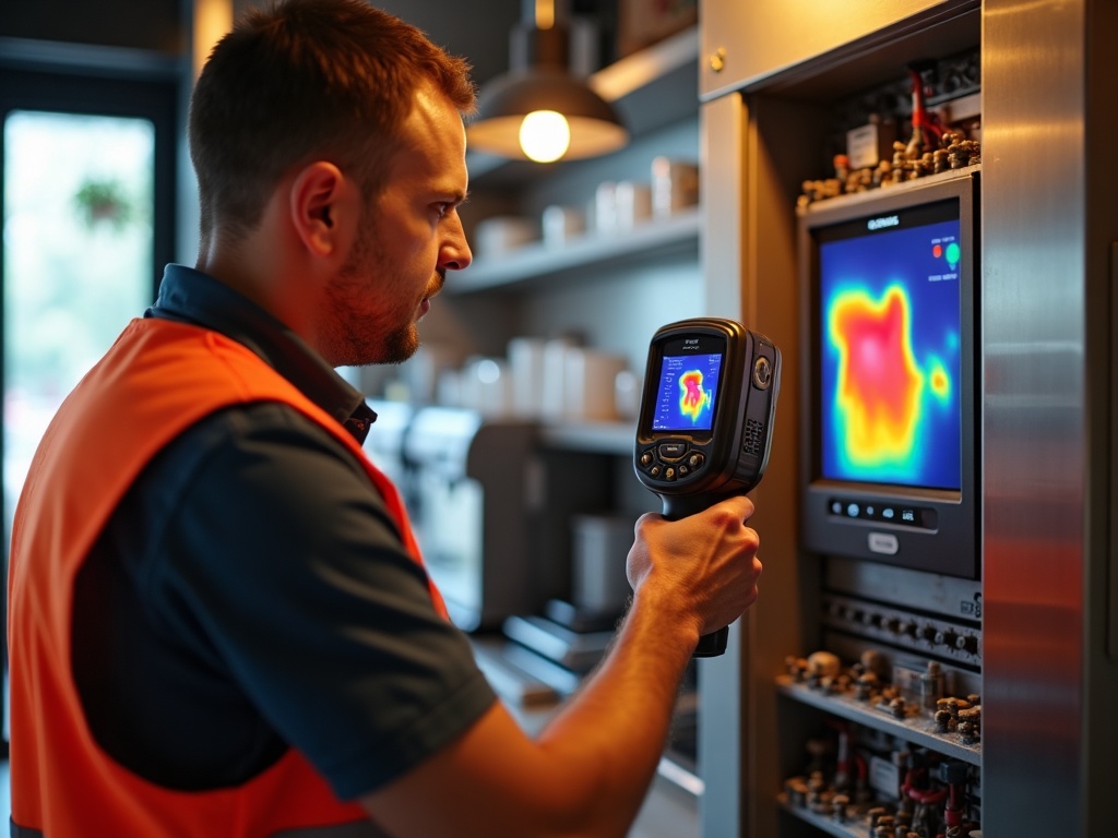 Restaurant Electrical: Why Uptime Is Non-Negotiable and What Protects It A licensed electrician installing a dedicated commercial circuit breaker panel for coffee shop electrical wiring in a professional restaurant kitchen setting.