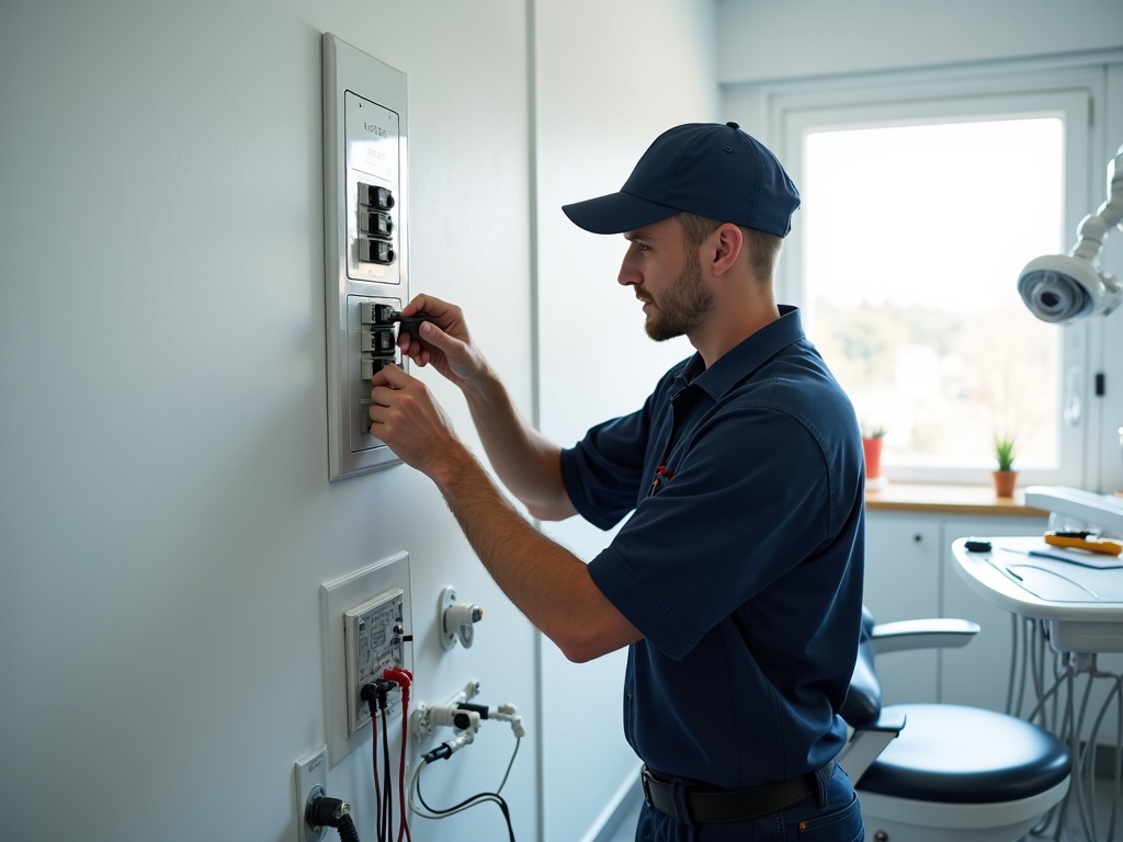 What Dental and Medical Offices Need from Their Electrical System A licensed electrician installing dedicated circuits for clean power for medical devices inside a modern dental office treatment room in Scottsdale.