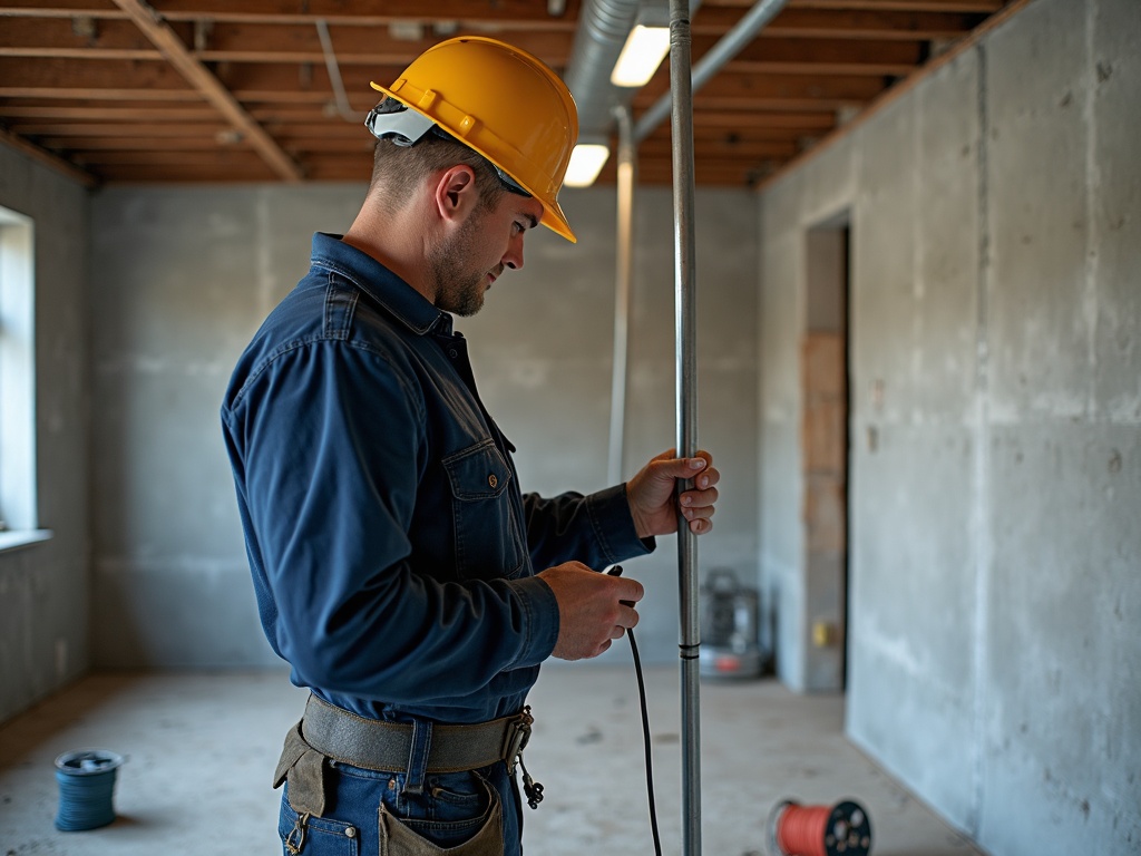 Tenant Build-Outs: The Electrical Scope Most Contractors Miss A licensed electrician running conduit during a commercial tenant electrical buildout in a bare commercial suite with exposed ceiling joists and bright work lighting.