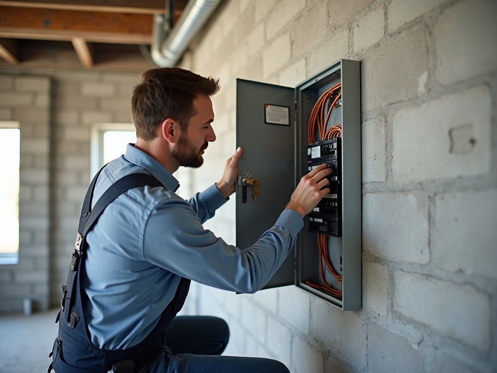 A licensed electrician running conduit during a commercial tenant electrical buildout in a bare commercial suite with exposed ceiling joists and bright work lighting.