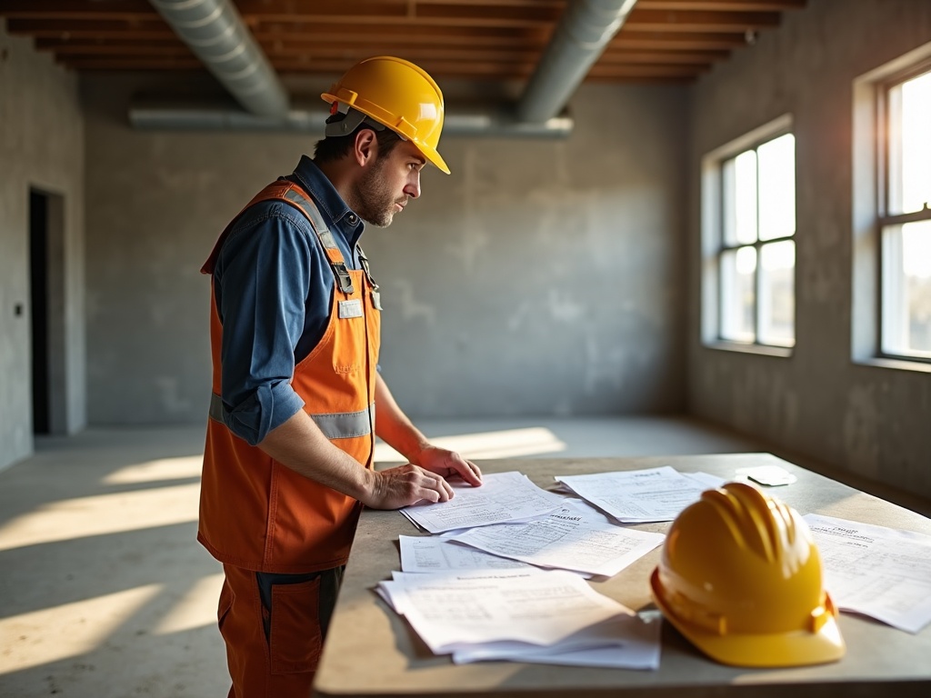 A licensed electrician running conduit during a commercial tenant electrical buildout in a bare commercial suite with exposed ceiling joists and bright work lighting.