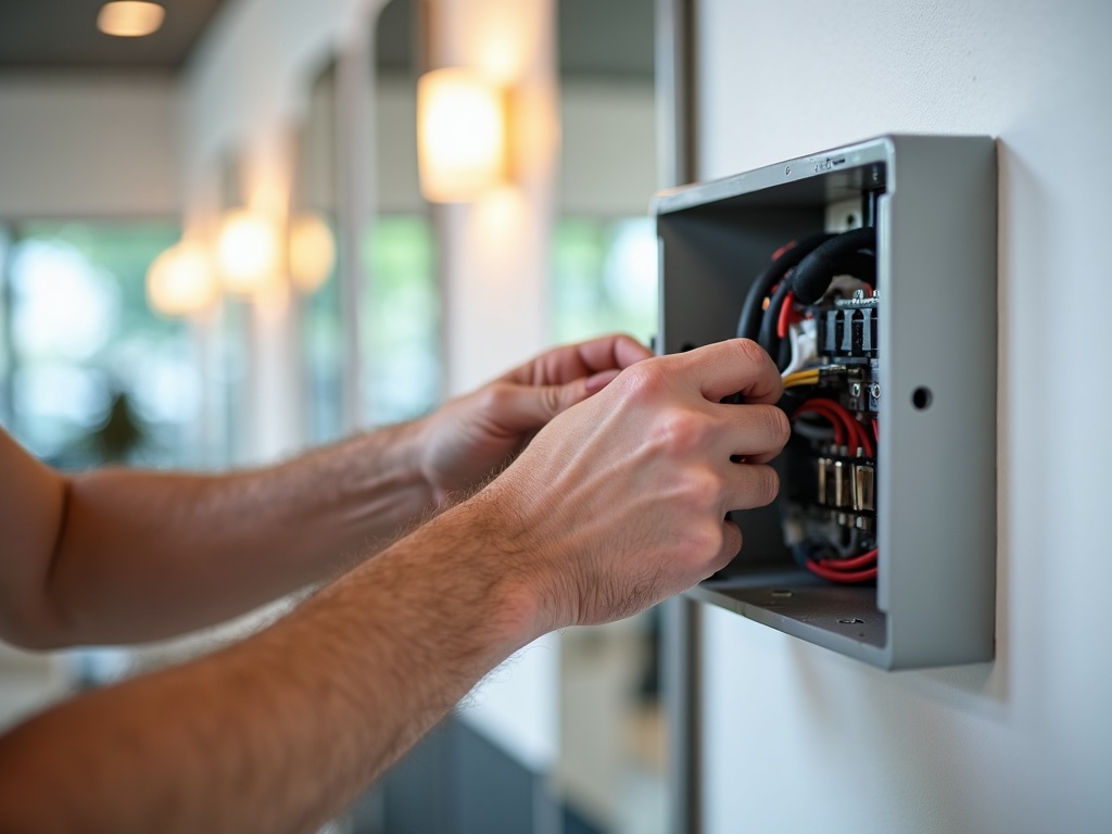 A licensed electrician inspecting a commercial electrical panel inside a modern nail salon, representing professional nail salon electrical service