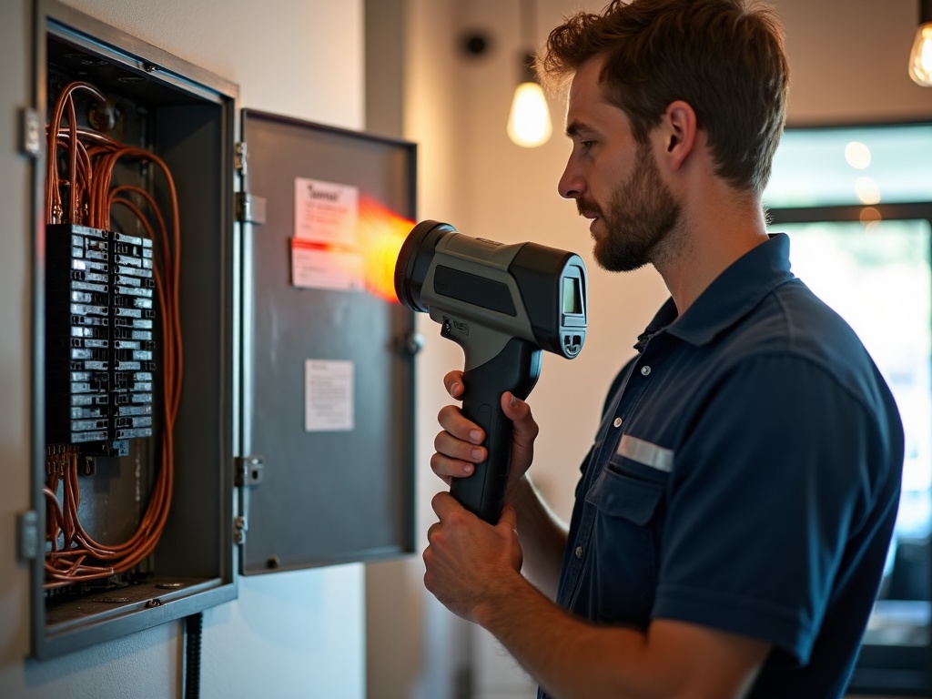 A licensed electrician inspecting a commercial electrical panel inside a modern nail salon, representing professional nail salon electrical service
