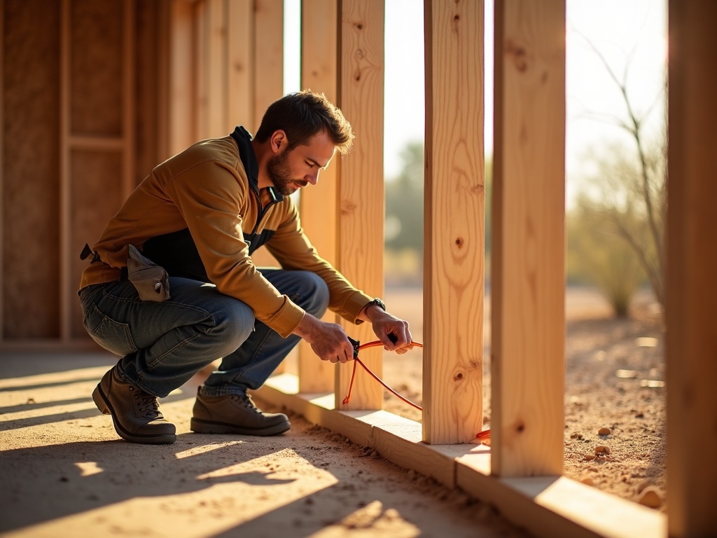 Rough-In Wiring Explained: What Happens Inside the Walls Before Drywall A licensed electrician routing rough in electrical wiring through exposed wall studs inside an unfinished Scottsdale home during the pre-drywall construction phase.