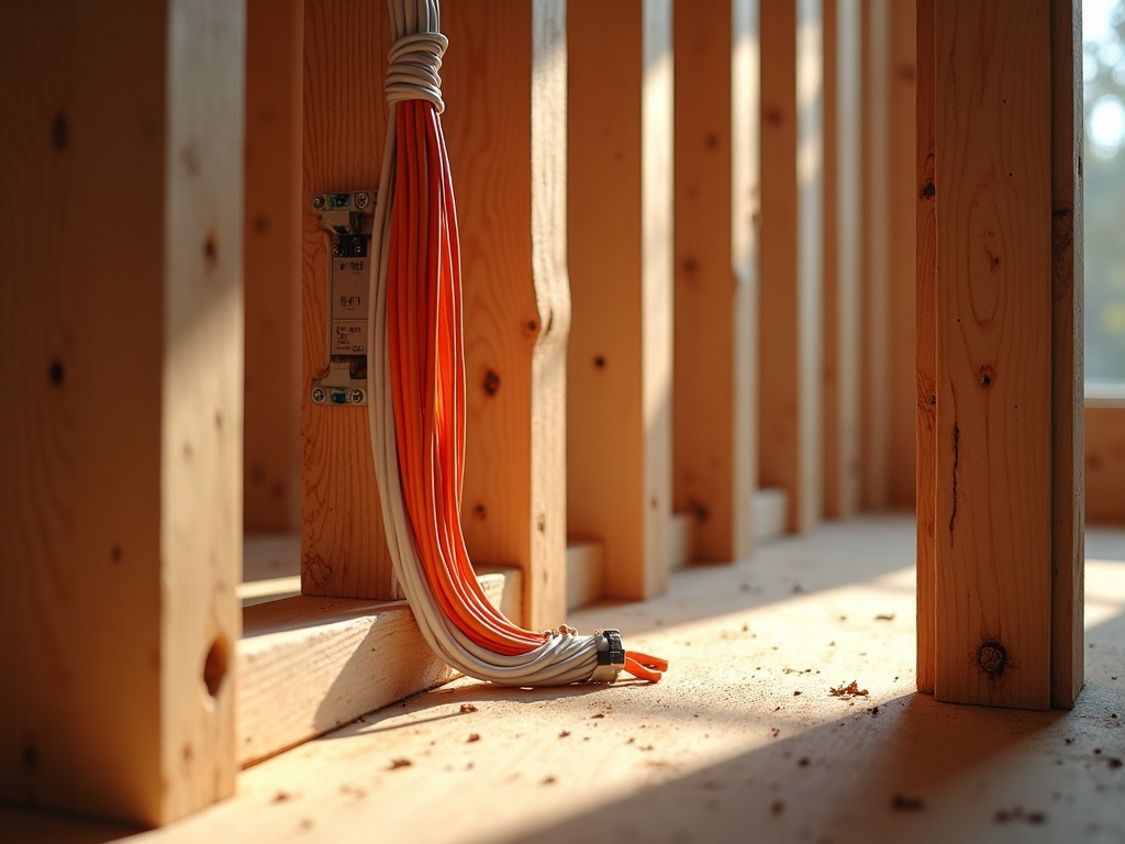 Rough-In Wiring Explained: What Happens Inside the Walls Before Drywall A licensed electrician routing rough in electrical wiring through exposed wall studs inside an unfinished Scottsdale home during the pre-drywall construction phase.