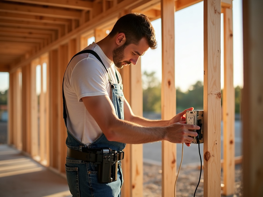 Rough-In Wiring Explained: What Happens Inside the Walls Before Drywall A licensed electrician routing rough in electrical wiring through exposed wall studs inside an unfinished Scottsdale home during the pre-drywall construction phase.