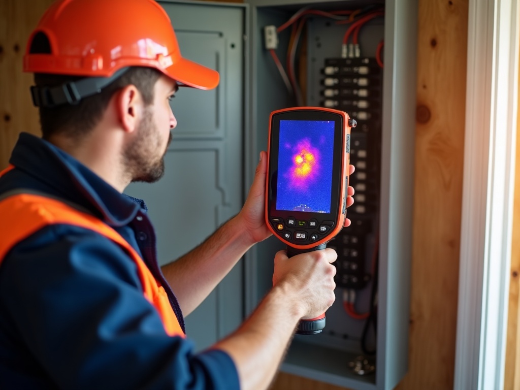 What Thermal Imaging Finds Inside Your Walls That a Visual Inspection Misses Licensed electrician using a thermal imaging camera to perform an electrical system due diligence inspection on a residential panel