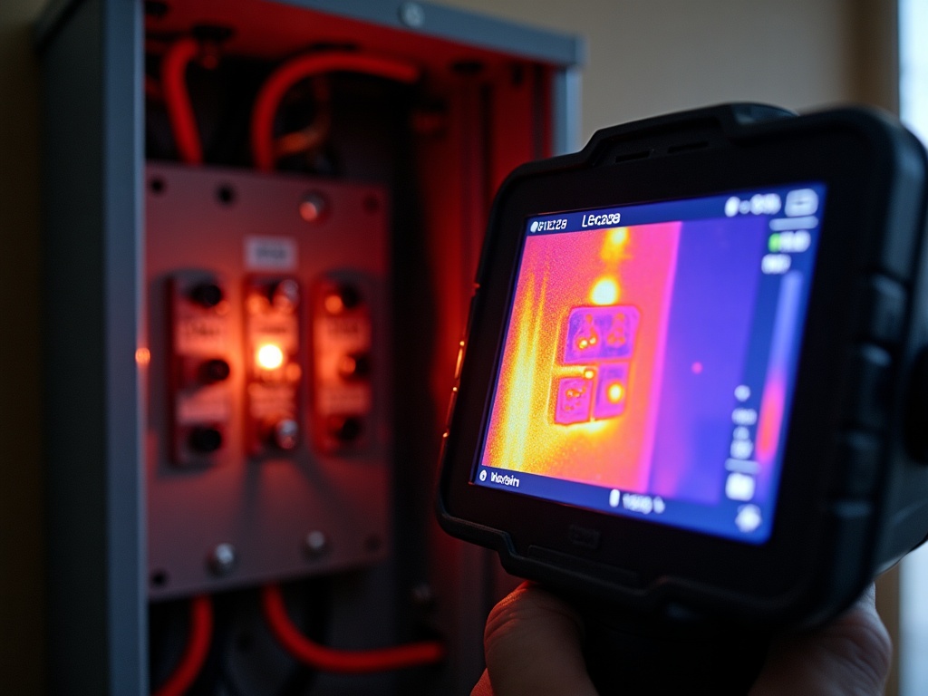 What Thermal Imaging Finds Inside Your Walls That a Visual Inspection Misses Licensed electrician using a thermal imaging camera to perform an electrical system due diligence inspection on a residential panel