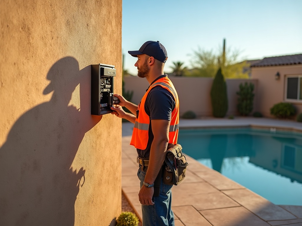 Hot Tub Electrical: Disconnect Boxes, Bonding, and Why the Code Is Strict A licensed electrician installing a hot tub disconnect box on a stucco wall beside a backyard spa under a clear Arizona sky