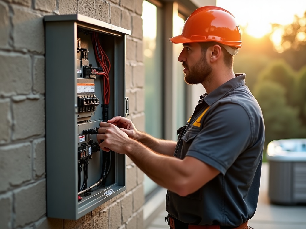 Hot Tub Electrical: Disconnect Boxes, Bonding, and Why the Code Is Strict A licensed electrician installing a hot tub disconnect box on a stucco wall beside a backyard spa under a clear Arizona sky
