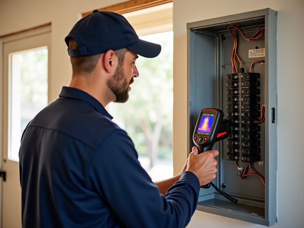 The Real Risks of Hiring an Unlicensed Electrician in Arizona A licensed electrician using a thermal imaging camera to inspect a residential electrical panel — the kind of professional diagnostic that protects homeowners from the dangers of unlicensed electrical work