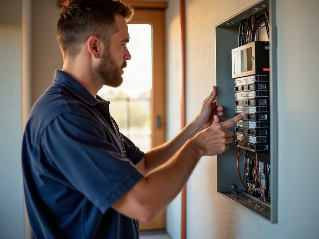 What's the Difference Between a Licensed Electrician and a Journeyman? A licensed electrician carefully inspecting a residential electrical panel — the kind of credentialed work that defines what is a journeyman electrician versus a master or contractor