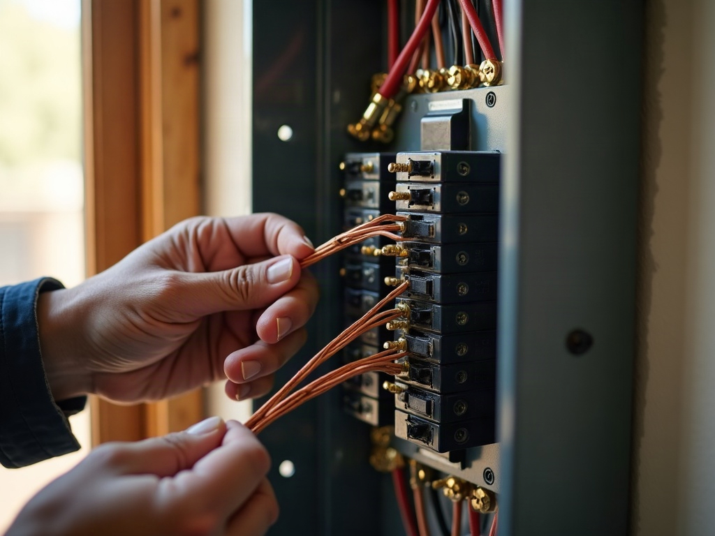 What's the Difference Between a Licensed Electrician and a Journeyman? A licensed electrician carefully inspecting a residential electrical panel — the kind of credentialed work that defines what is a journeyman electrician versus a master or contractor