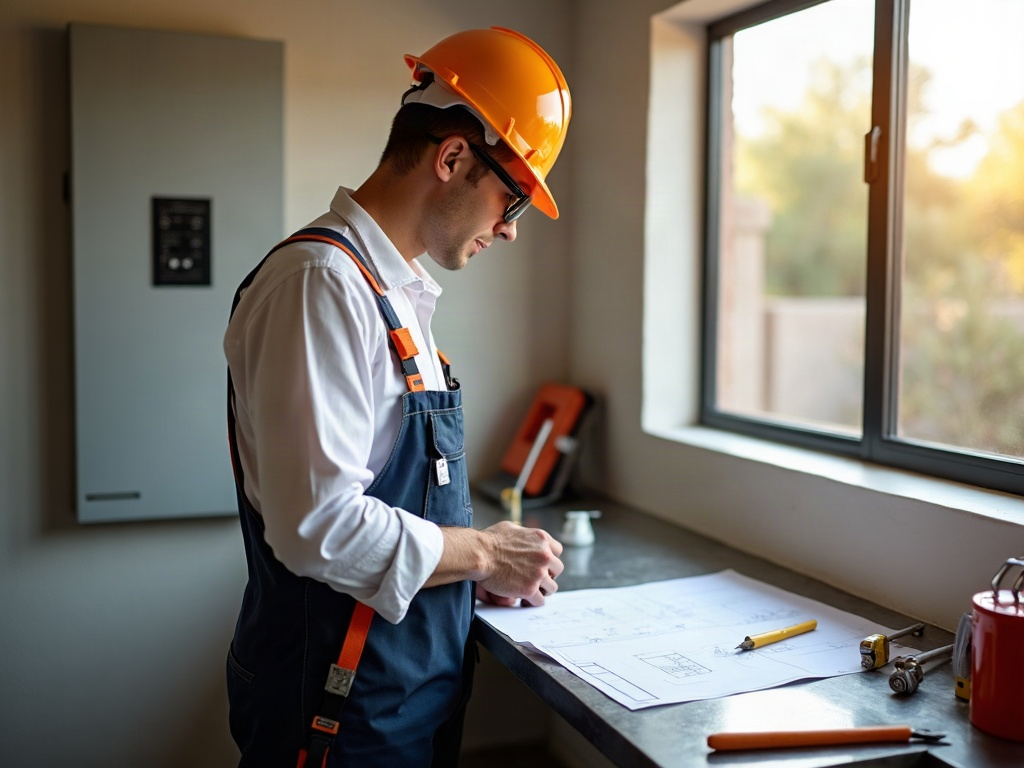 Why Working With a Contractor Who Has a Construction Background Matters A licensed electrician with construction background reviewing project plans at a residential electrical panel in a Scottsdale home