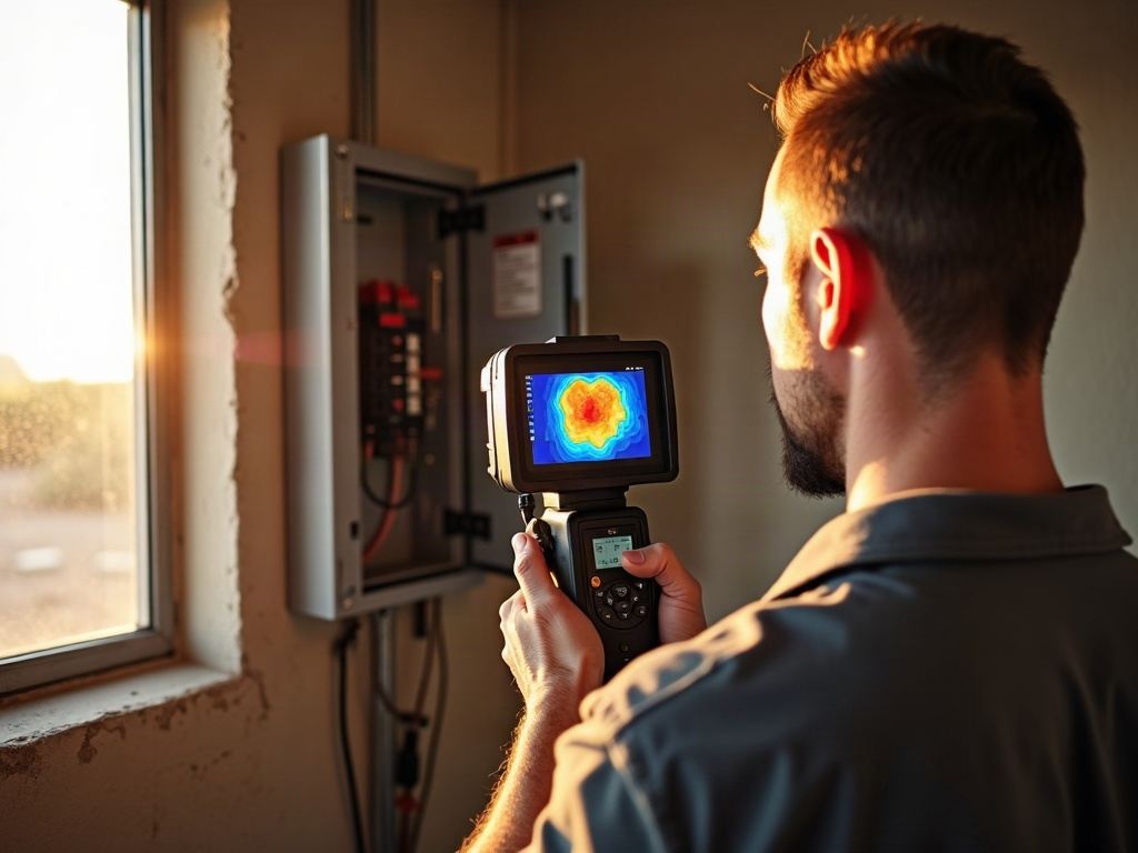 Why Working With a Contractor Who Has a Construction Background Matters A licensed electrician with construction background reviewing project plans at a residential electrical panel in a Scottsdale home