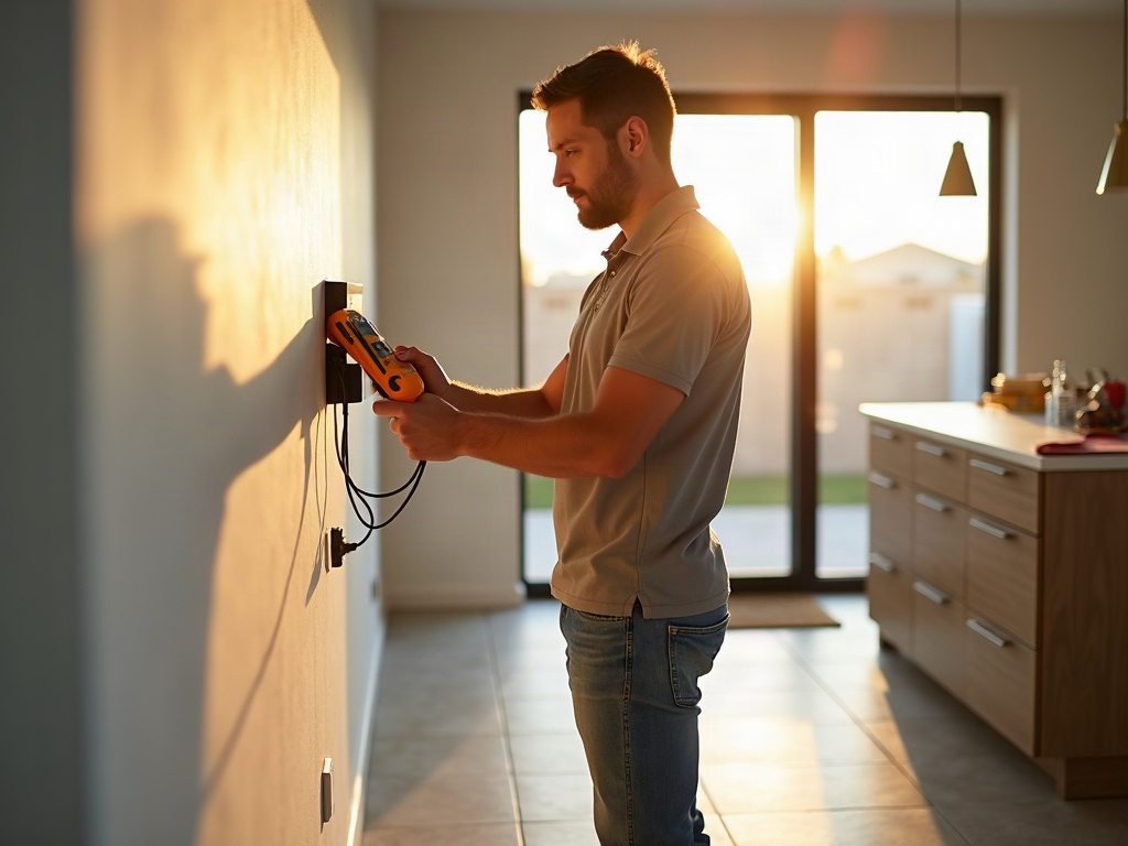 A licensed electrician performing dead outlet troubleshooting with a circuit tester in a modern Scottsdale home