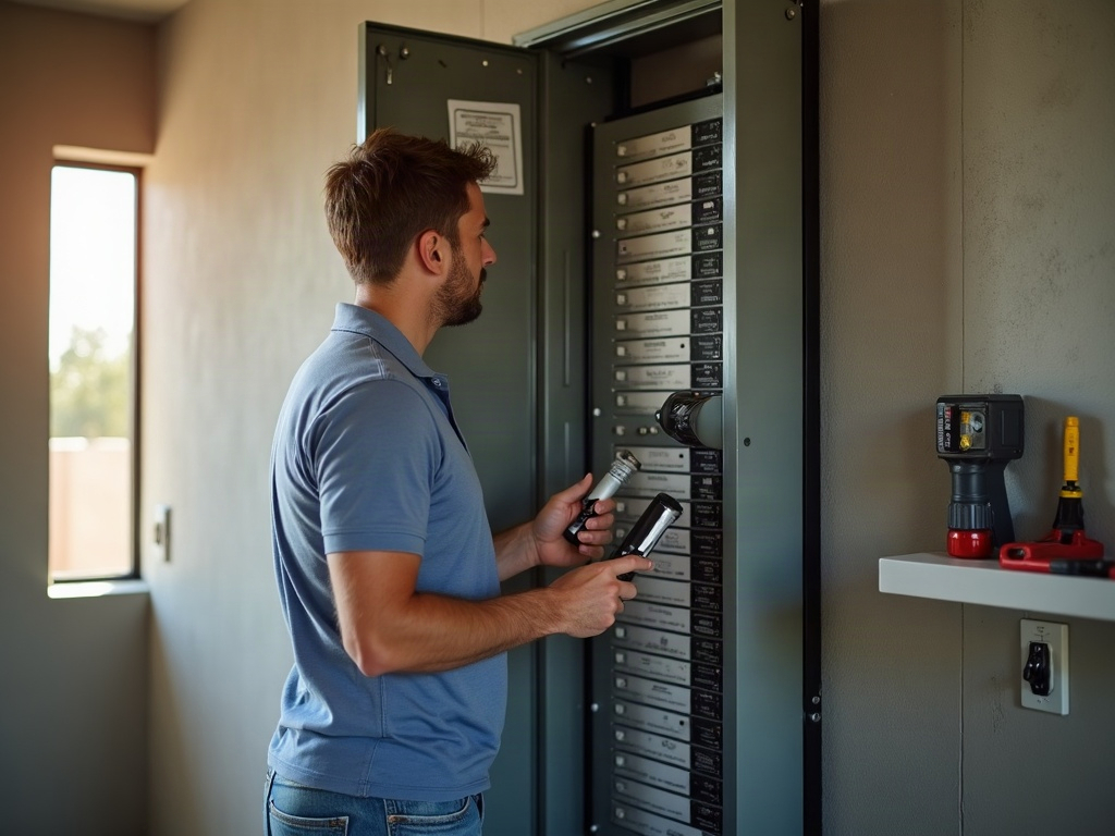 A licensed electrician performing dead outlet troubleshooting with a circuit tester in a modern Scottsdale home