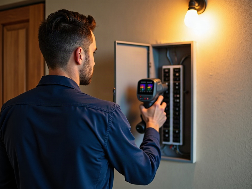 Breaker Trips the Moment You Flip It Back On — What That Means A licensed electrician using a thermal imaging camera to diagnose a breaker trips immediately fault inside a residential panel in
