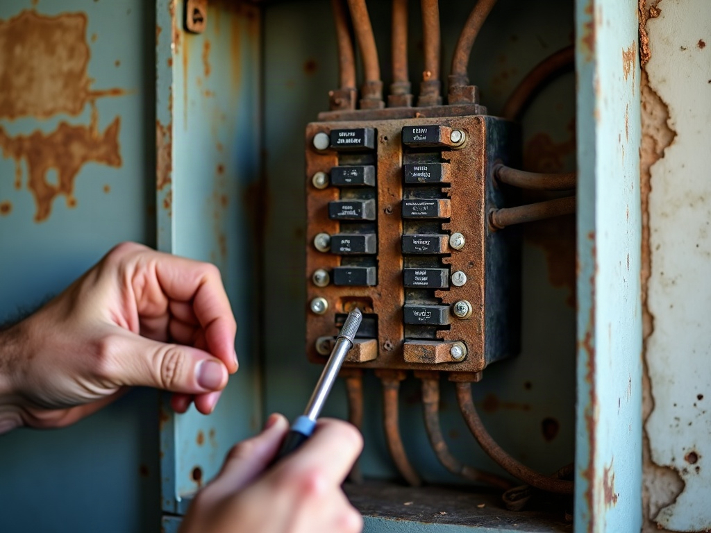 A licensed electrician using a thermal imaging camera to inspect a residential electrical panel for water damage to electrical panel components