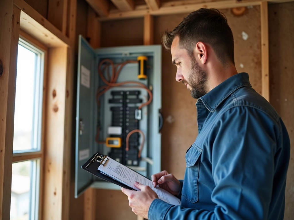 A licensed electrician using a thermal imaging camera to inspect a residential electrical panel for water damage to electrical panel components
