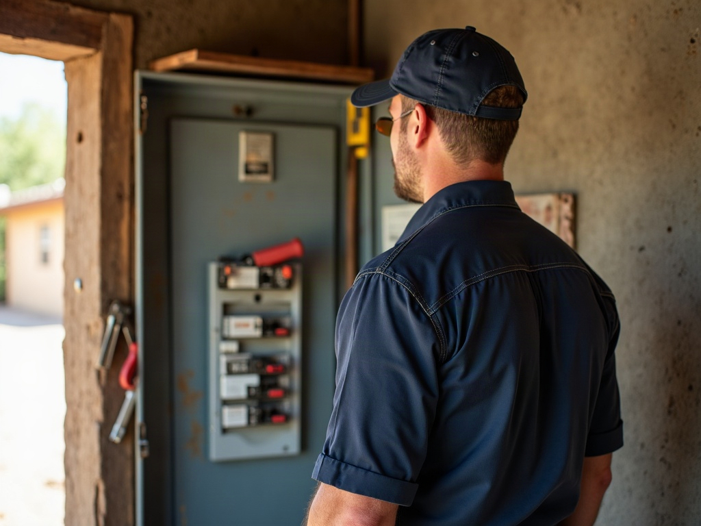 A licensed electrician inspecting a Federal Pacific Stab-Lok panel in an Arizona home — understanding what is a Stab-Lok panel starts with seeing one up close.