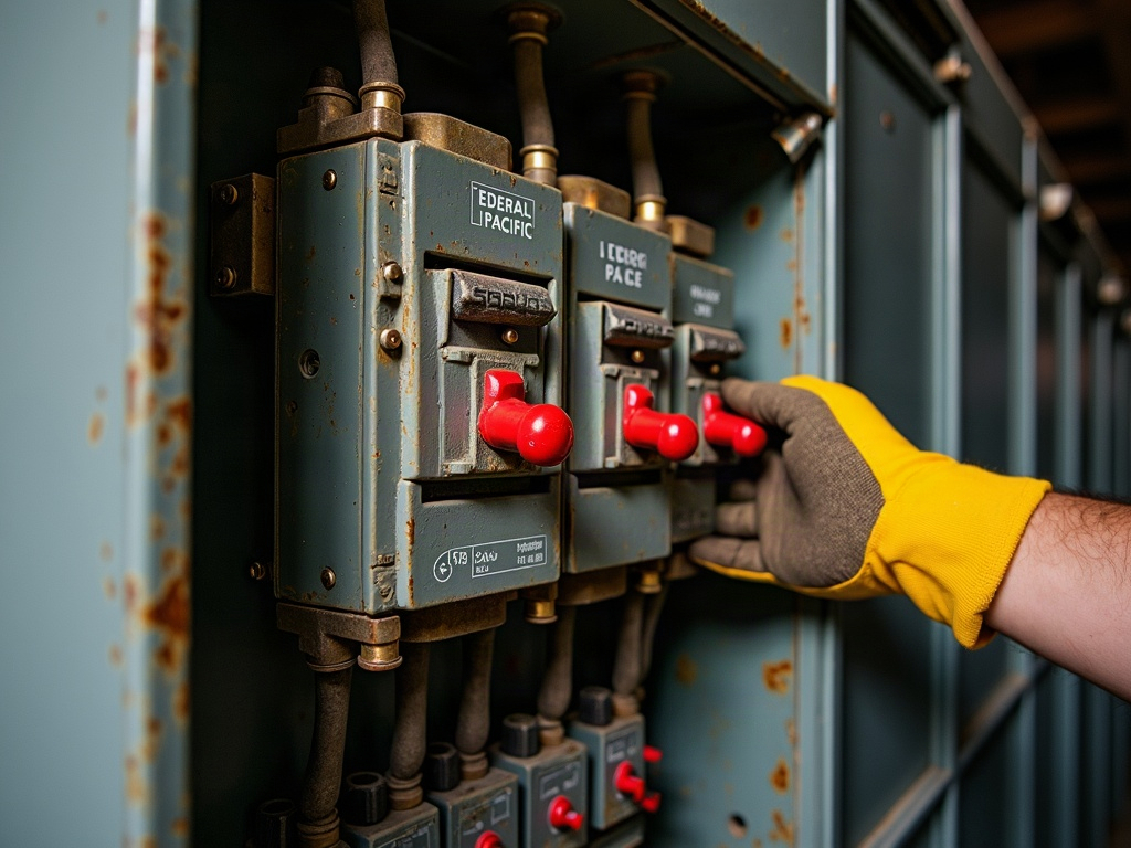 A licensed electrician inspecting a Federal Pacific Stab-Lok panel in an Arizona home — understanding what is a Stab-Lok panel starts with seeing one up close.