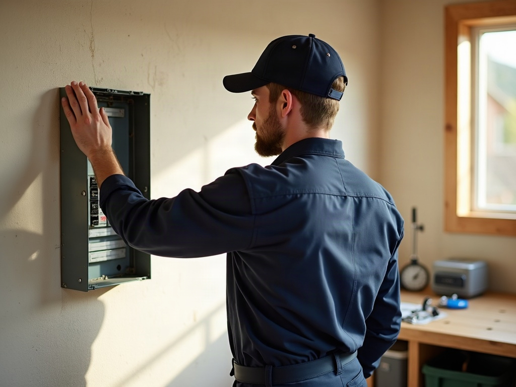 A licensed electrician inspecting an open residential breaker panel during a 1970s home electrical panel update assessment in a bright Arizona utility room