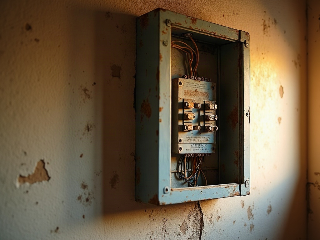 A licensed electrician inspecting an open residential breaker panel during a 1970s home electrical panel update assessment in a bright Arizona utility room