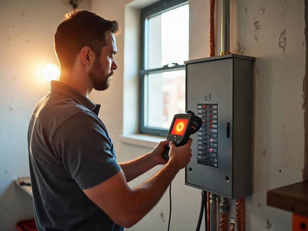 A licensed electrician inspecting an open residential breaker panel during a 1970s home electrical panel update assessment in a bright Arizona utility room