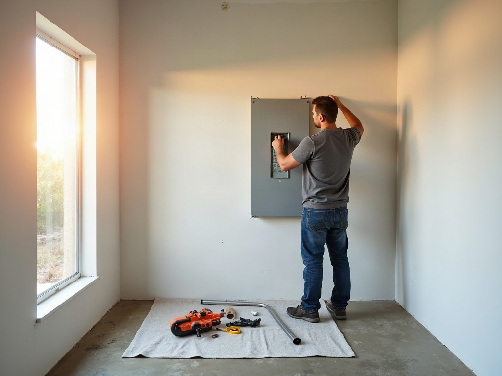 A licensed electrician installing a new 200-amp breaker panel during a cost to upgrade from 100 to 200 amp panel project in a modern Arizona home utility room.