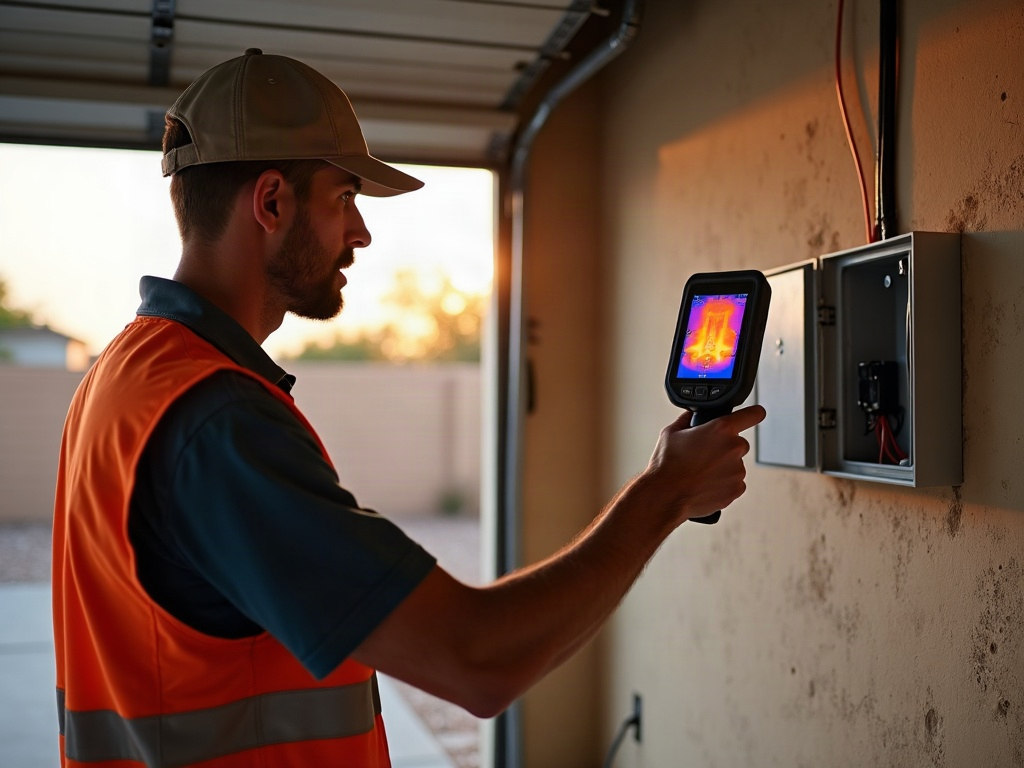 A licensed electrician installing a new 200-amp breaker panel during a cost to upgrade from 100 to 200 amp panel project in a modern Arizona home utility room.
