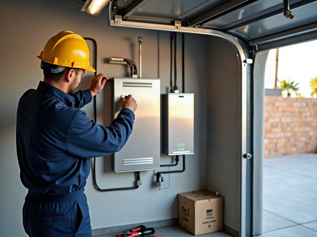 A licensed electrician completing a 200 amp to 400 amp service upgrade installation inside a modern Scottsdale home garage with organized conduit runs and a new panel.