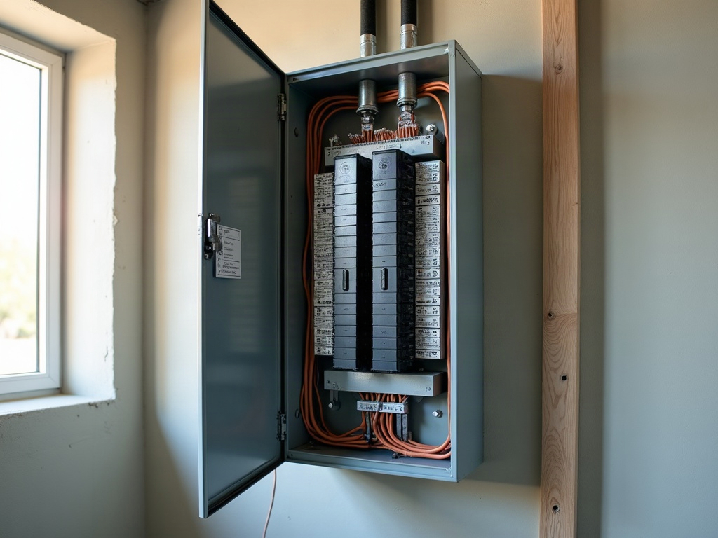 A licensed electrician completing a 200 amp to 400 amp service upgrade installation inside a modern Scottsdale home garage with organized conduit runs and a new panel.