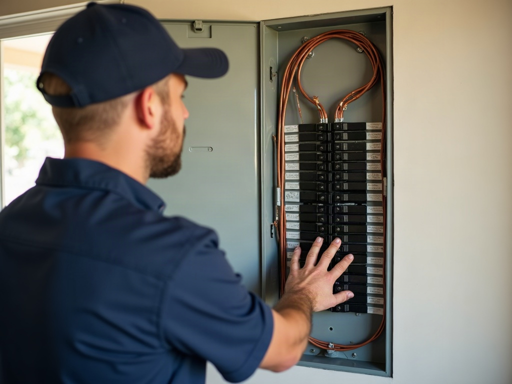 A licensed electrician inspecting a residential breaker panel to help a homeowner answer should I replace or repair my electrical panel