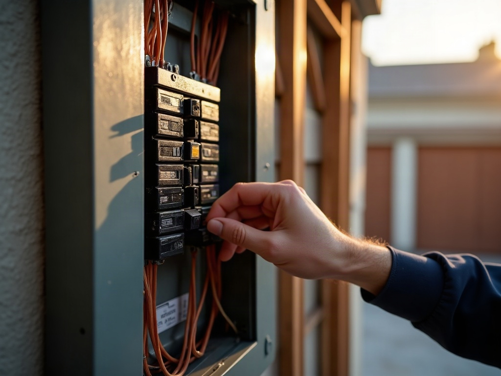 A licensed electrician inspecting a residential breaker panel to help a homeowner answer should I replace or repair my electrical panel
