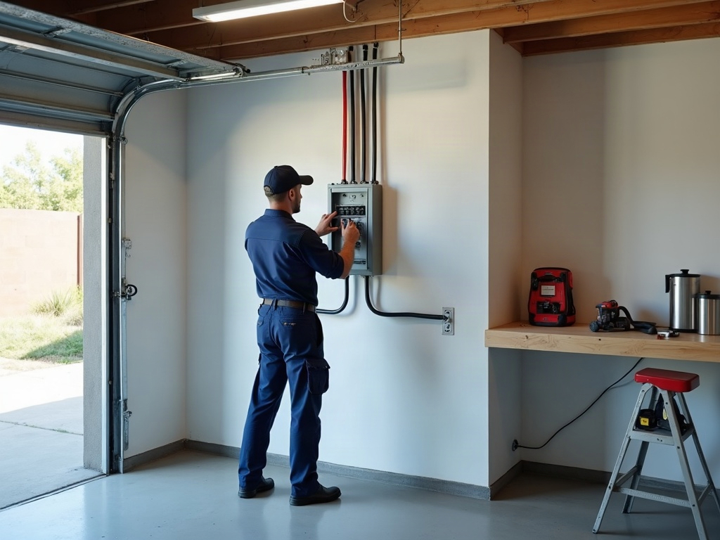 A licensed electrician performing a subpanel installation inside a clean residential garage workshop with neat conduit runs and organized tools