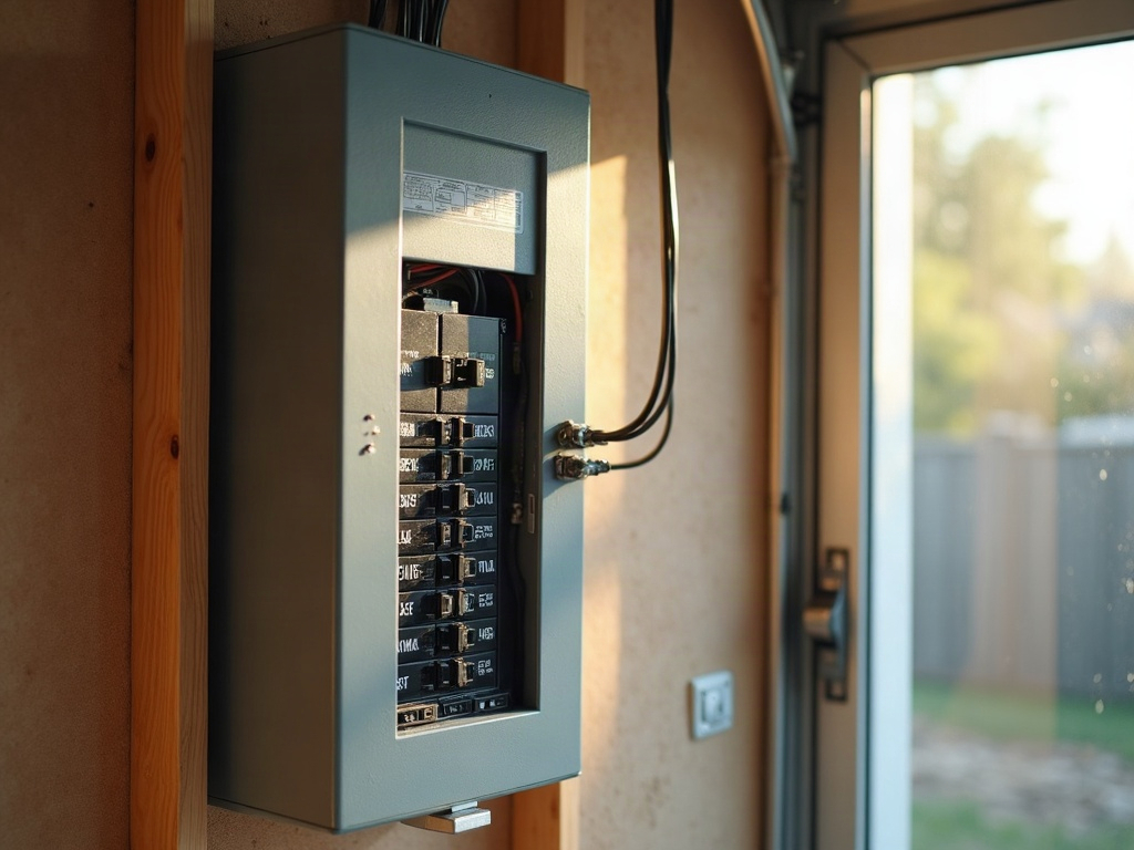 A licensed electrician performing a subpanel installation inside a clean residential garage workshop with neat conduit runs and organized tools