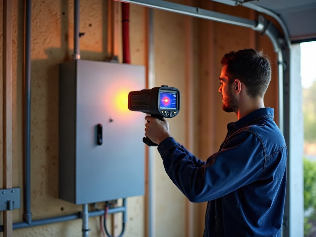 A licensed electrician performing a subpanel installation inside a clean residential garage workshop with neat conduit runs and organized tools