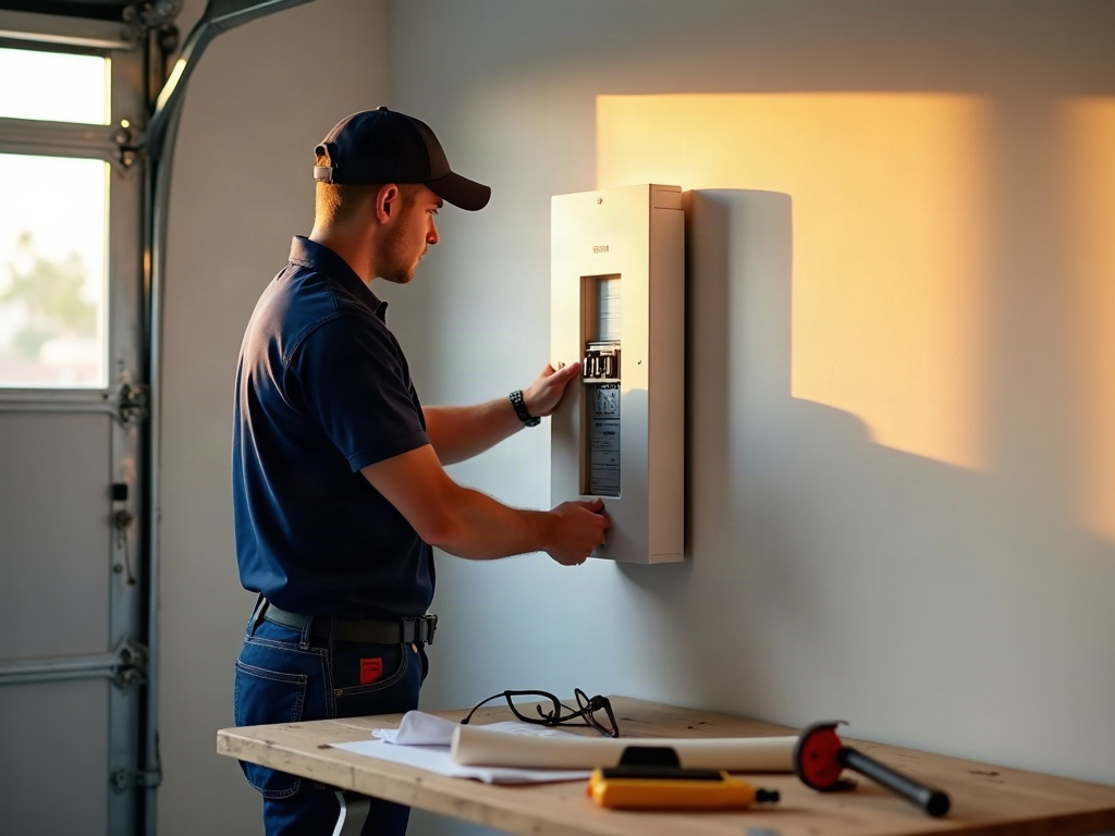 Span and Siemens Smart Panels: What the Upgrade Actually Gets You A licensed electrician completing a Siemens smart panel upgrade inside a bright, modern Scottsdale home garage with tools and permits on the work surface