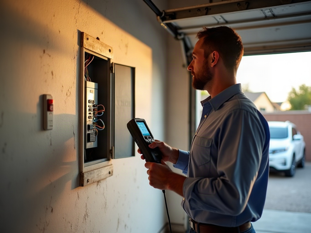 Can Your Garage Panel Actually Handle an EV Charger? Here's How to Find Out can my garage panel handle an EV charger — A licensed electrician using a thermal imaging camera to assess whether a residential garage panel can handle an EV charger installation
