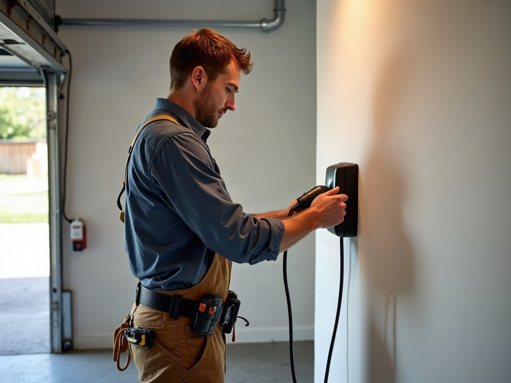 Setting Up a Home Charging Station for a Rivian: What the Electrical Work Actually Looks Like A licensed electrician completing a home charging setup for Rivian by mounting a wall charger and running conduit inside a bright residential garage