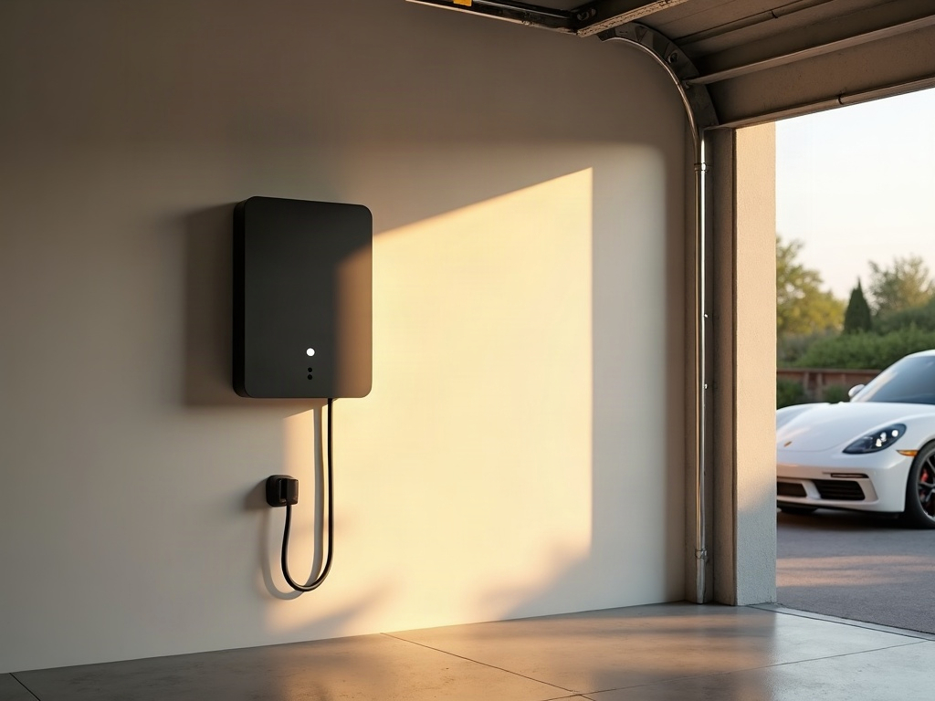 Setting Up a Home Charging Station for a Rivian: What the Electrical Work Actually Looks Like A licensed electrician completing a home charging setup for Rivian by mounting a wall charger and running conduit inside a bright residential garage