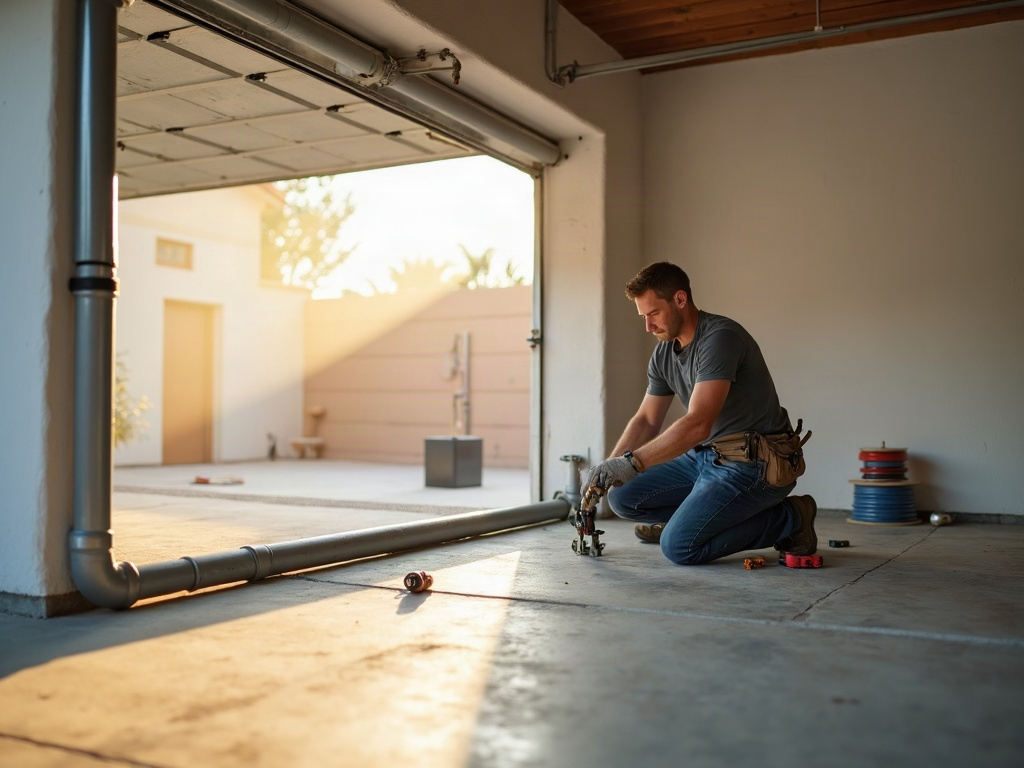A licensed electrician completing an electrical rough in for future EV charger by running conduit along a garage wall in a Scottsdale home