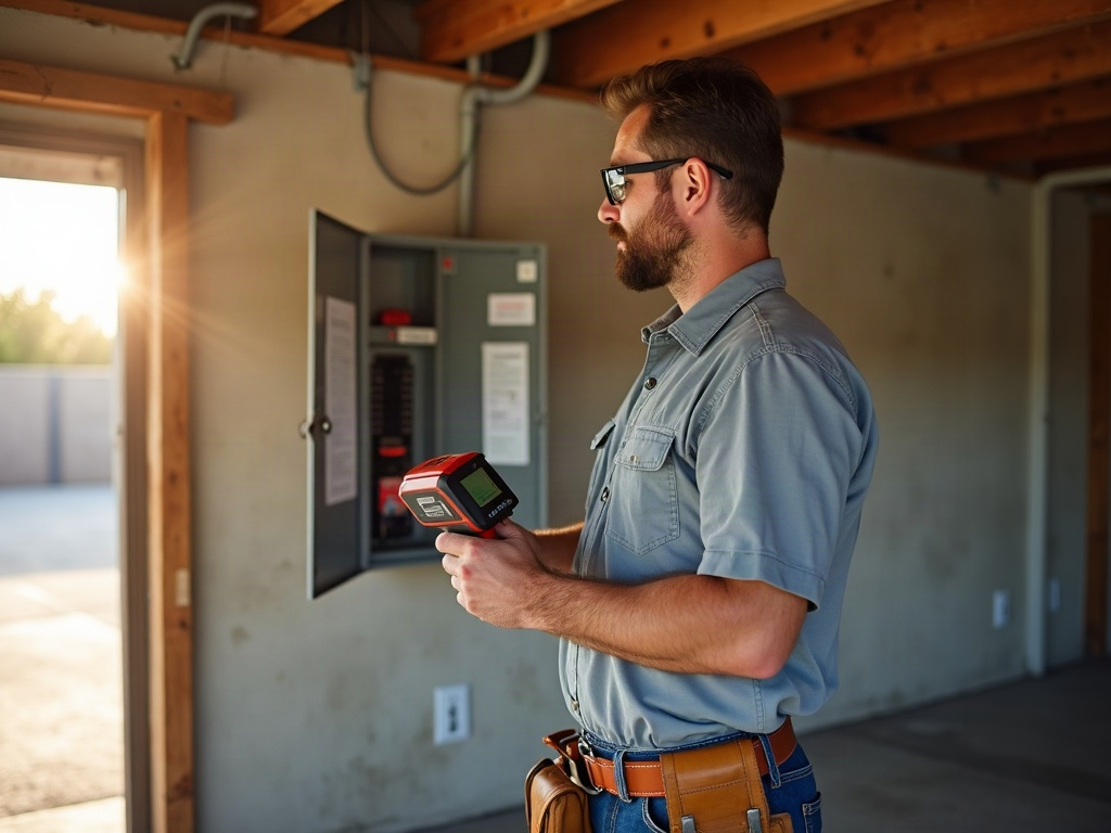 A licensed electrician completing an electrical rough in for future EV charger by running conduit along a garage wall in a Scottsdale home