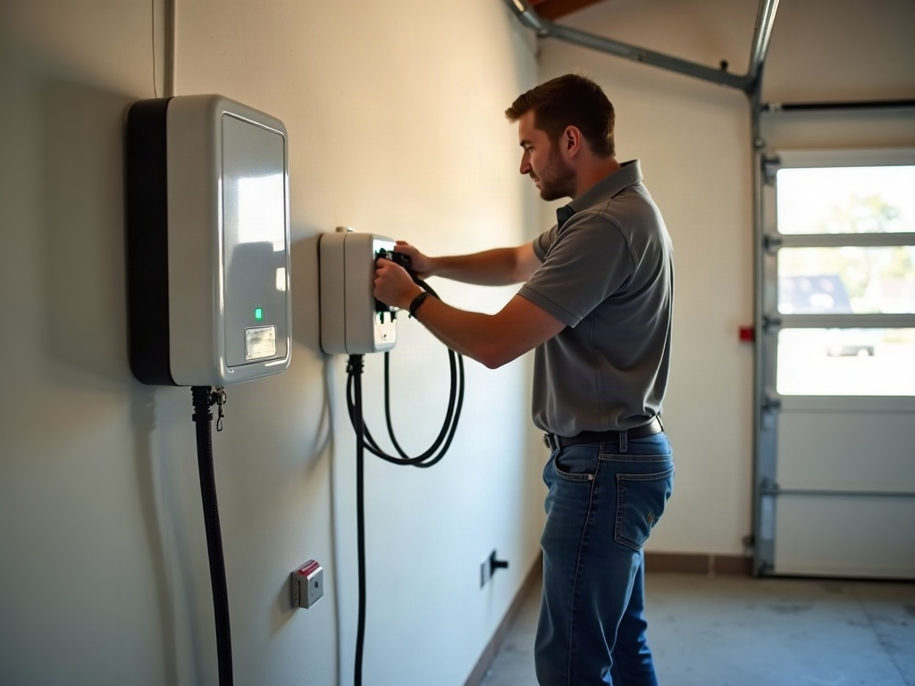 Wi-Fi EV Chargers: What the Electrical Installation Involves Beyond Plugging One In A licensed electrician completing a wifi EV charger installation on a garage wall in a Scottsdale home, with conduit neatly routed to the electrical panel.