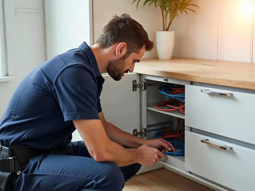 How to Wire a Control4 or Whole-Home Automation System the Right Way A licensed Control4 electrician organizing labeled low-voltage home-run cables at a structured media cabinet during a whole-home automation installation in a custom home