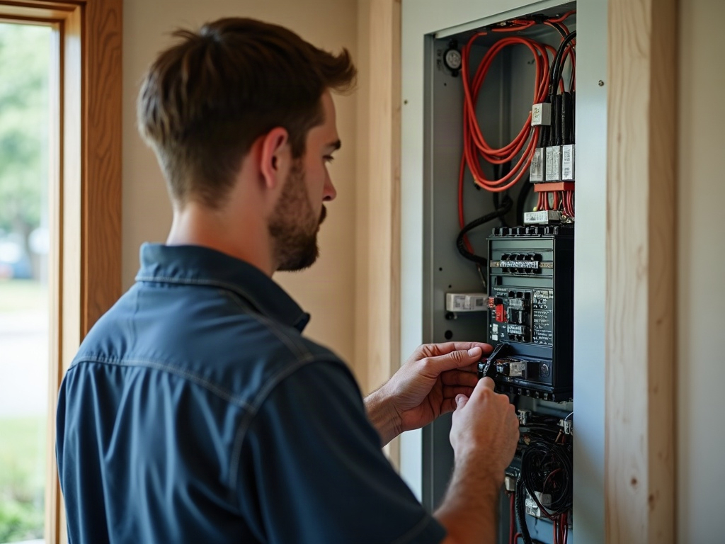 How to Wire a Control4 or Whole-Home Automation System the Right Way A licensed Control4 electrician organizing labeled low-voltage home-run cables at a structured media cabinet during a whole-home automation installation in a custom home