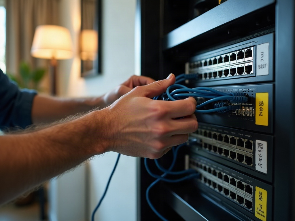 How to Wire a Control4 or Whole-Home Automation System the Right Way A licensed Control4 electrician organizing labeled low-voltage home-run cables at a structured media cabinet during a whole-home automation installation in a custom home